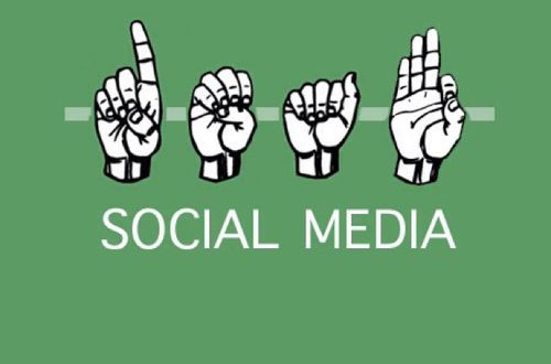 ASL letters spell Deaf with Social Media underneath on green background.