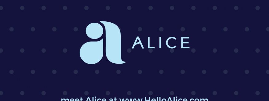 Blue postcard with dots and a big A for Alice with text - meet Alice at HelloAlice.com