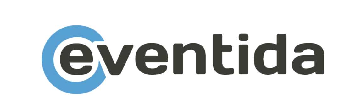 Eventida logo in bold gray text, the E wrapped in a blue circle